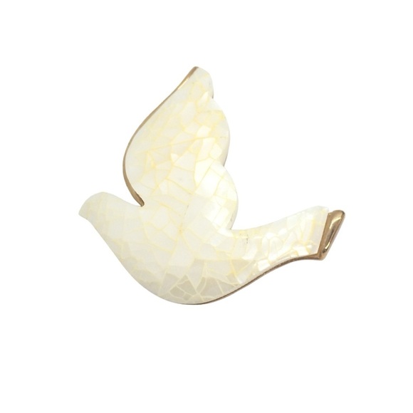 VINTAGE LIZ CLAIBORNE MOP DOVE BROOCH PIN GOLD TONE MOSAIC PEACE CHRISTMAS BIRD - Picture 3 of 16